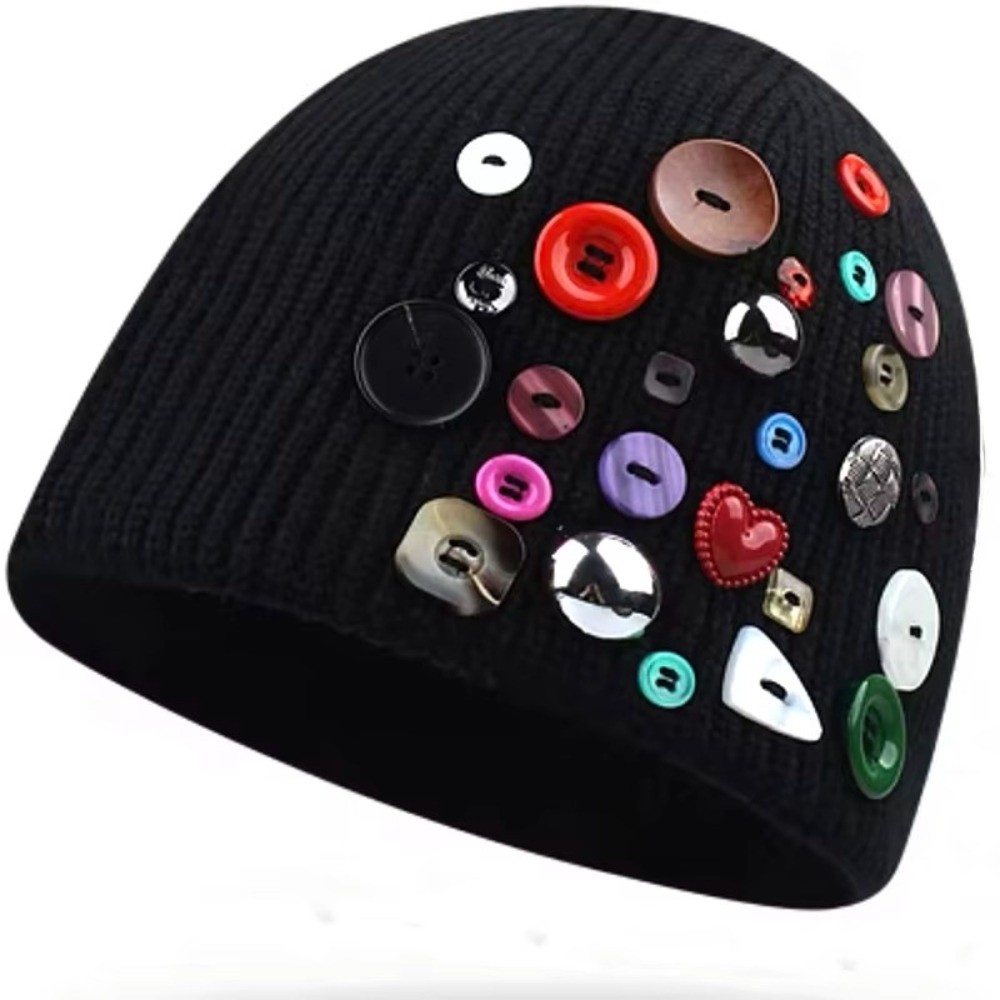 Kleurrijke beanie met knopen,  - Beanie Cuffed Knit recensie en prijs
